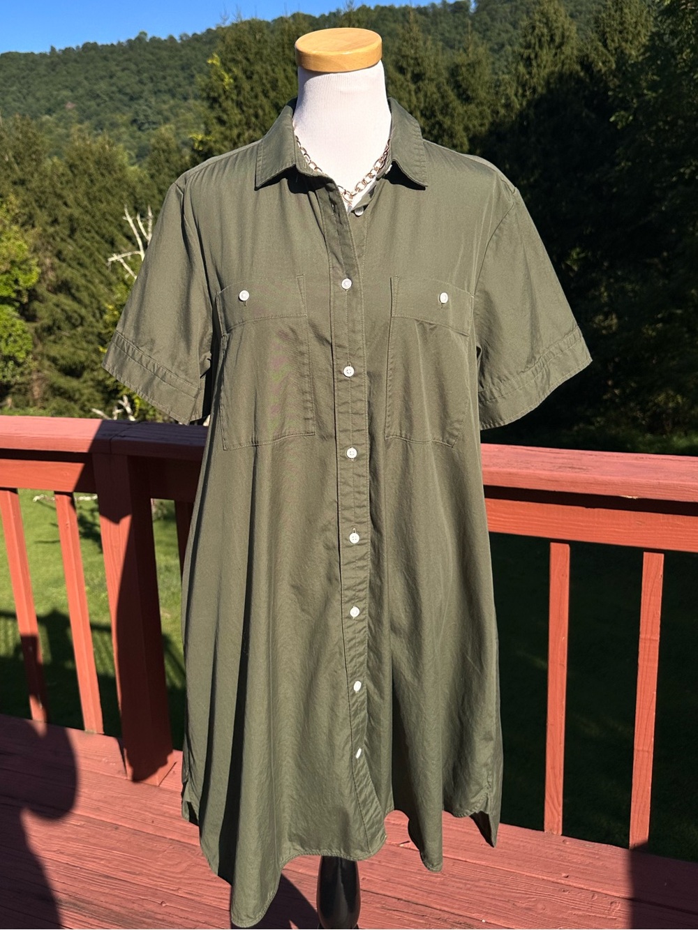 Everlane Daytripper Military Olive Short-Sleeve Button-Front Shirt Dress